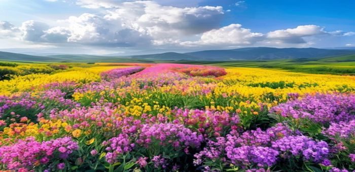 云南罗平油菜花海全景，金黄色花田连绵至天际，亲子家庭在花海中漫步，春日阳光灿烂温暖